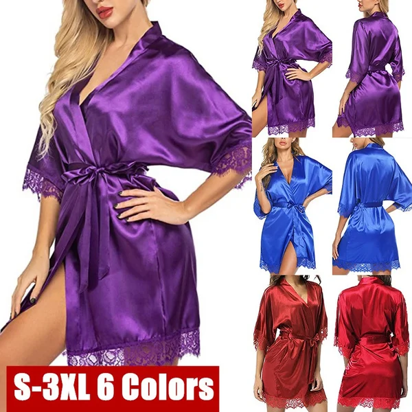 

S-3XL Womens Long Black Sexy Silk Kimono Dressing Gown Bath Robe Babydoll Lingerie Nightdress