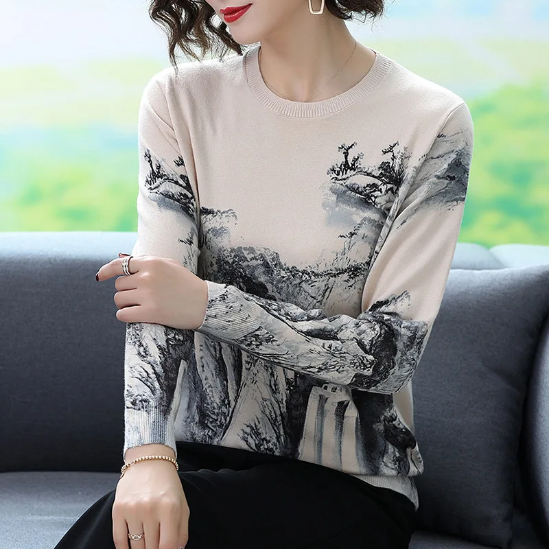 2020 new round neck Pullover loose Korean print women's sweater fashion ink landscape painting | Женская одежда
