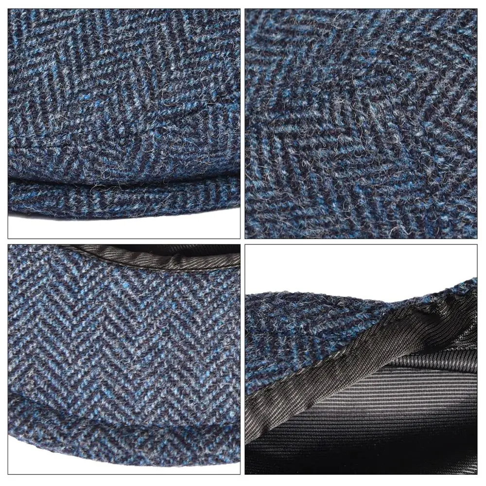 100% Шерстяная кепка из плюща плоская в елочку твидовая Кепка синяя для вождения