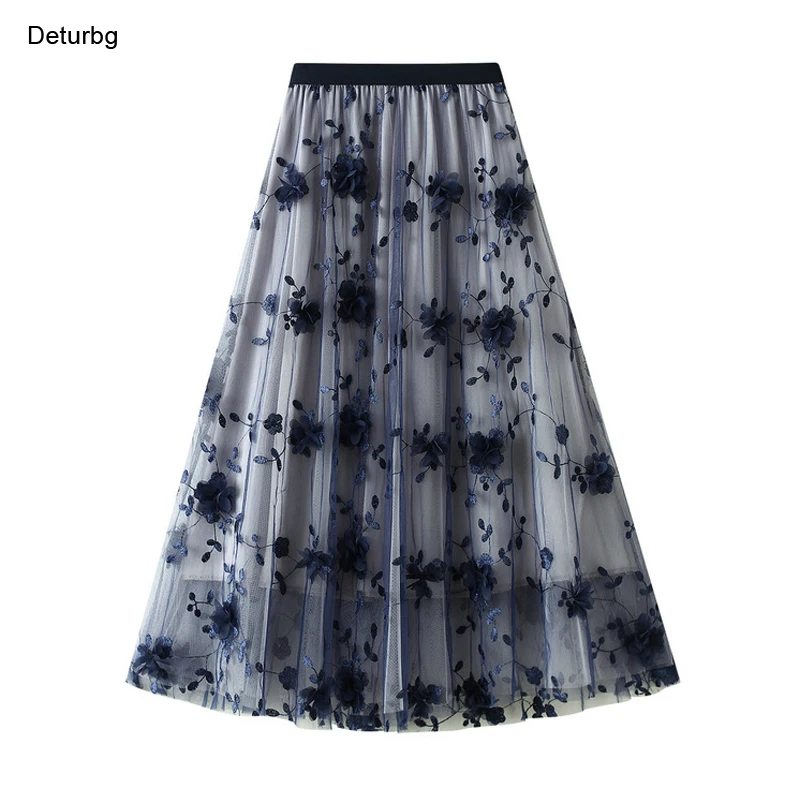 

Women's Elegant 3D Flower 3 Layers Mesh Skirt Female High Waist Bright Line A-Line Midi Long Skirts Faldas 2021 Autumn Sk857