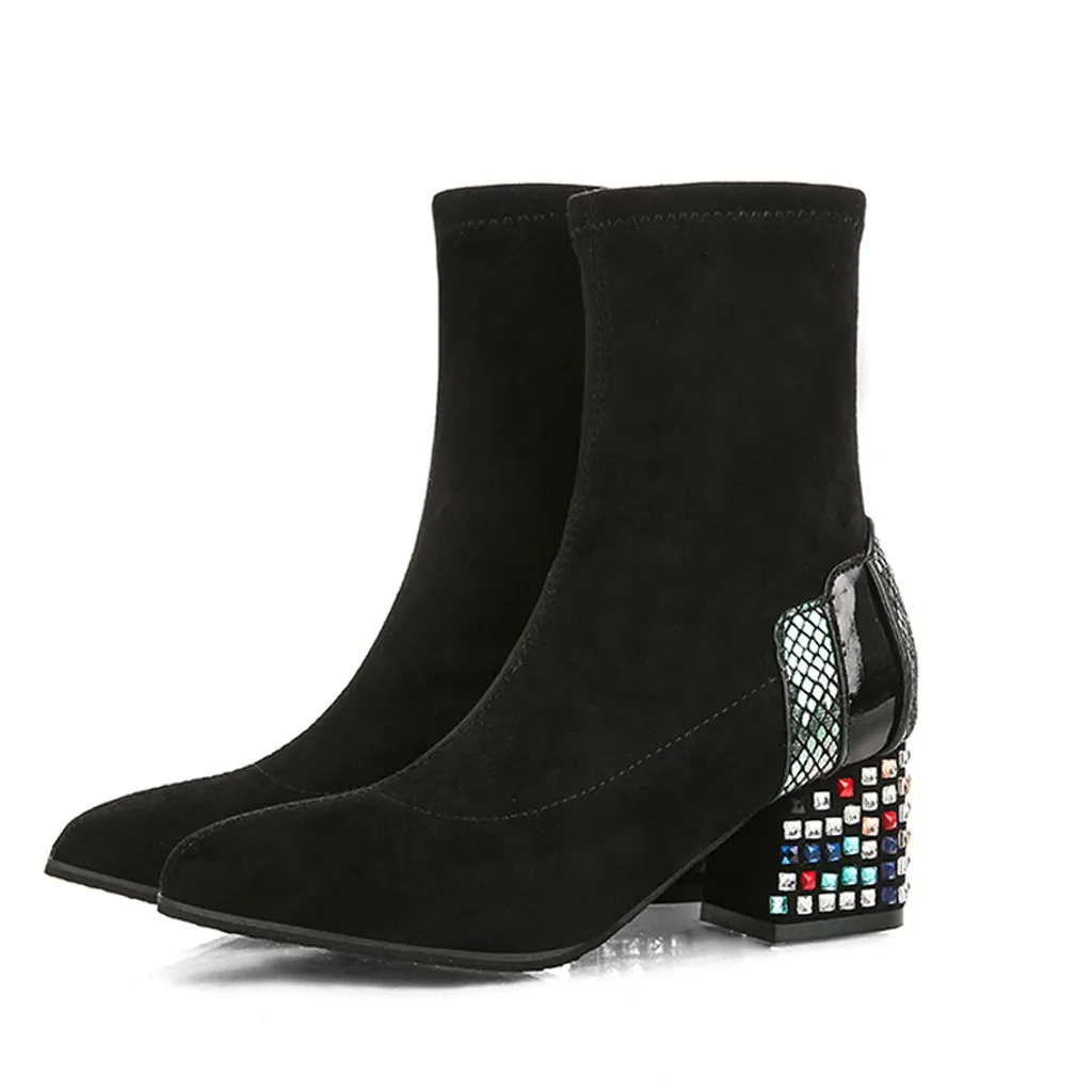 Женские ботинки с цветными кристаллами черные ботильоны на толстом каблуке без