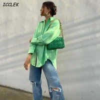 icclek womens shirts cotton shirts green plain oversized bf style blusas casual loose blouses female tops early spring blouses