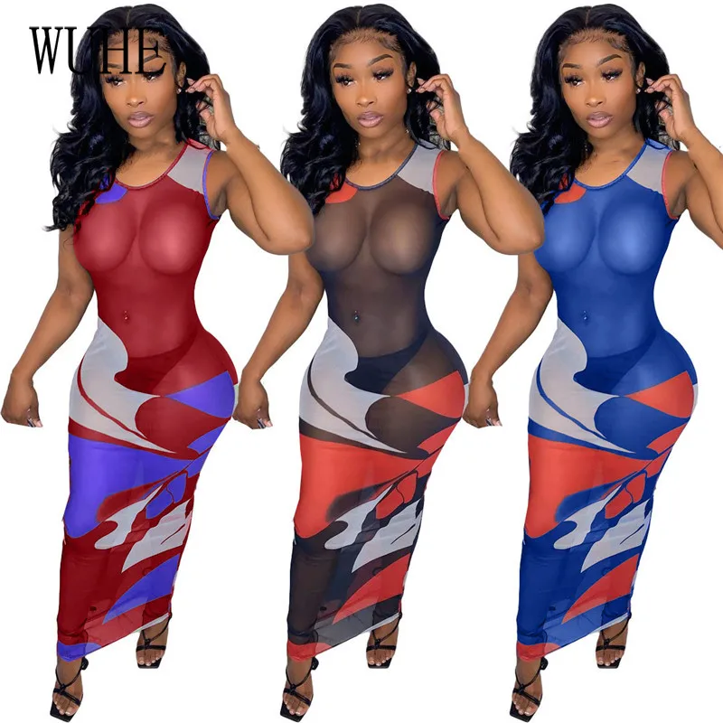 

Сексуальные Макси-платья YEYA с принтом из сетчатой ткани, Летняя женская одежда, вечерние Клубные наряды, прозрачное облегающее платье