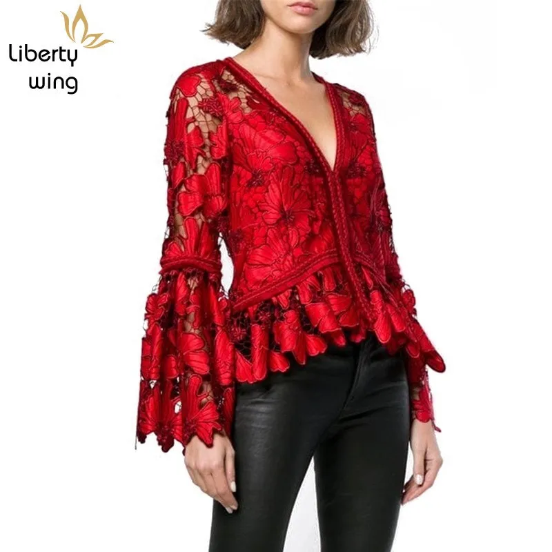 

Designer Stylish Women Flare Sleeve V-neck Lace Embroidery Blouse Top Ruffles Sexy Hollow Out Office Lady Red Shirts