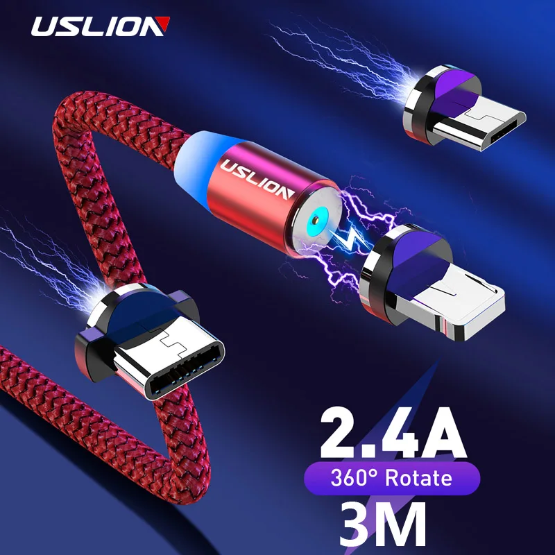 USLION 3 м светодиодный магнитный USB кабель для зарядки Micro Type C зарядное устройство