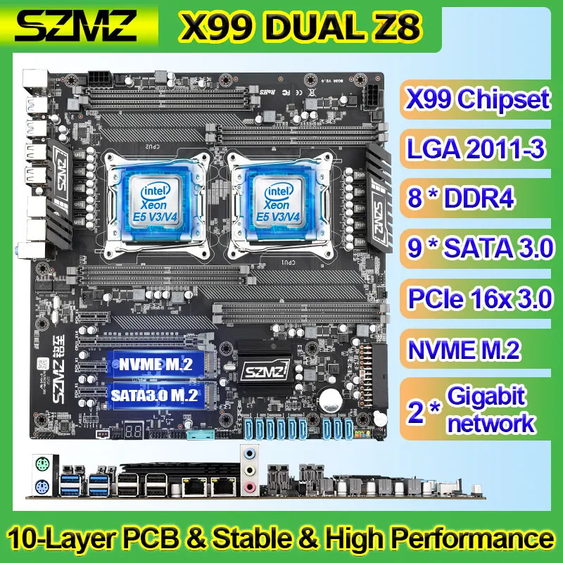 Günstig SZMZ X99 Dual CPU Motherboard LGA 2011 V3 Unterstützung Xeon E5 V3 V4 Serie Mit 8 DDR4 + 9 SATA 3 Für Disk Miner Bergbau Gaming Kit