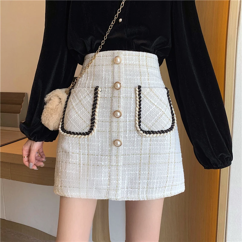 

Женская твидовая мини-юбка, шерстяная юбка-карандаш в клетку, с высокой талией, с жемчугом и карманами, в винтажном стиле, для офиса, осень, 2020...