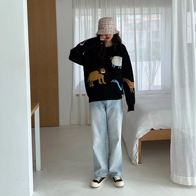 Mooirue, Осенний Повседневный вязаный свитер, Забавный мультяшный принт с животными, круглый вырез, винтажная уличная одежда, корейский винтажный пуловер Harajuku