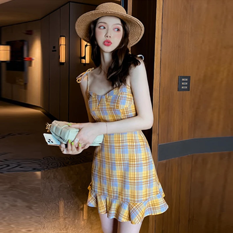

Spring Summer Print Plaid Casual Camis Dress Women Loose Ruffle Yellow Beach Dress Sleeveless Korean Fashion Party Dress New2022