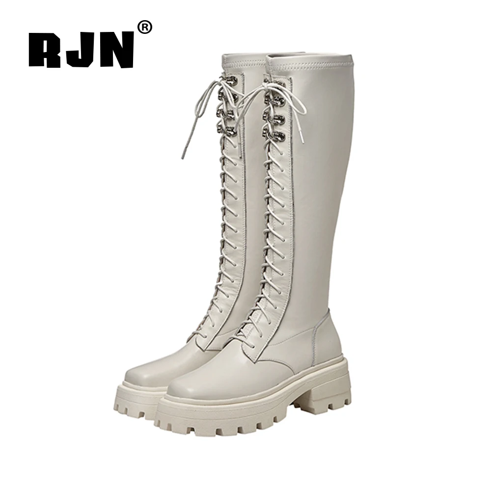 Online RJN Bergaya Musim Gugur Sepatu Bot Setinggi Lutut Square Yang Unik Toe Bernapas Kulit Sapi Lace-Up Wanita Sepatu Platform Boots RO323