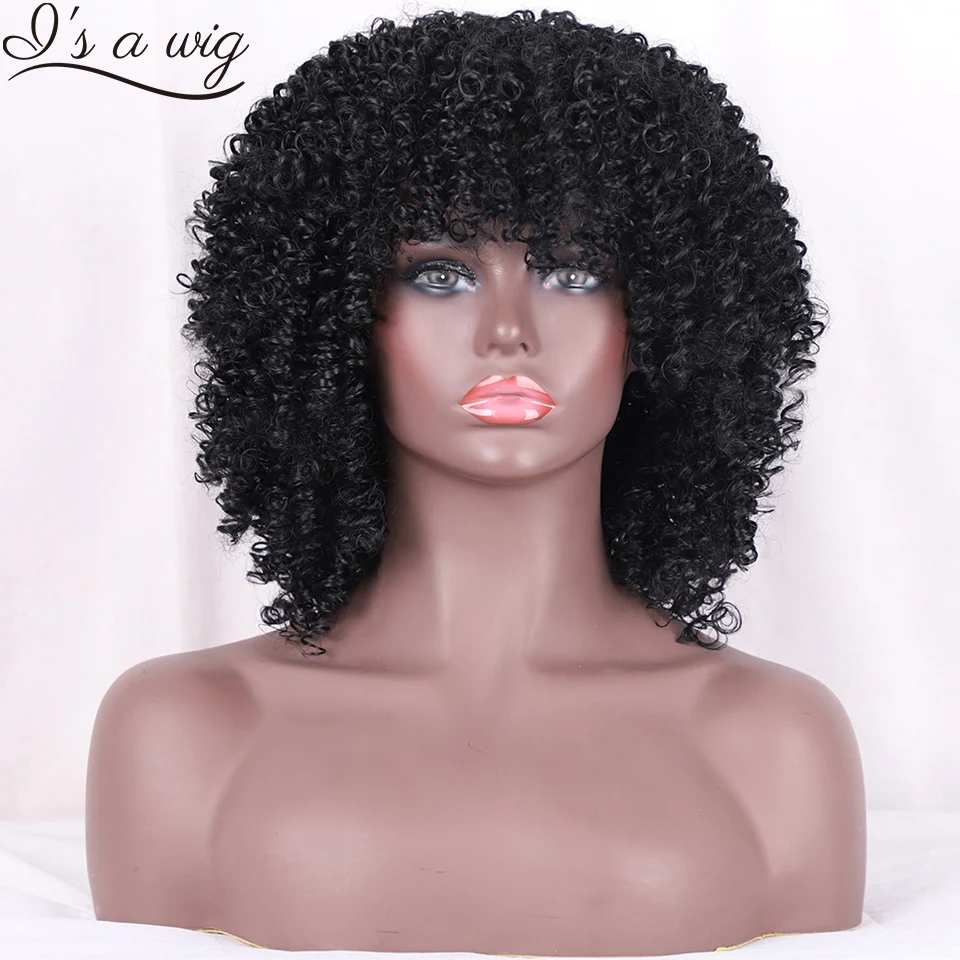 

I's a wig Short Black Kinky Curly Wigs Synthetic Wigs with Bangs for Women Natural Afro High Temperature Fiber
