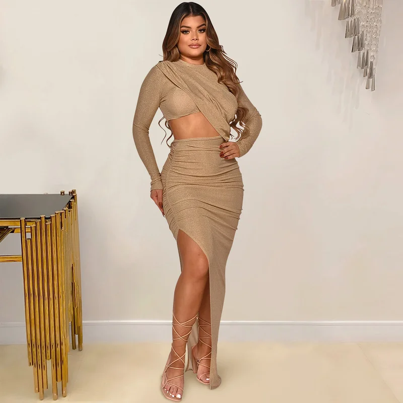 

Women Sexy High Split Bodycon Long Dress Vintage Solid Color O-neck Cut Out Party Dress Elegant Full Sleeve Slim Ruched Vestidos
