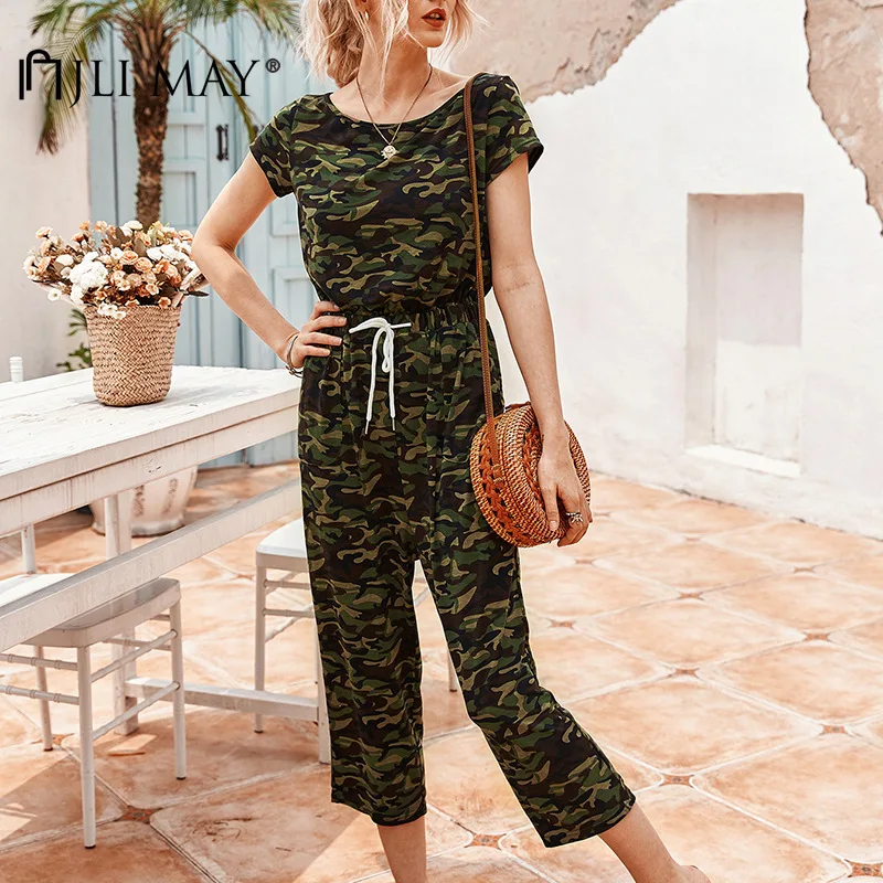 

JLI MAY Women Print Jumpsuit Cotton O-neck Short Sleeve High Waist Lace Up Casual Loose Ankle-Length Jumpsuits