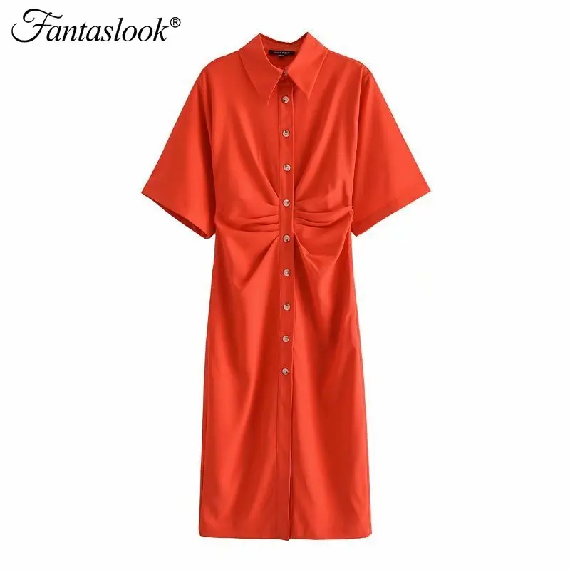 

Women Midi Shirt Dress Casual Button Dress Summer Solid Short Sleeve Shirt Dresses Female Chic Side Zipper Robe Vestido De Mujer
