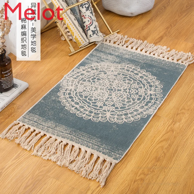 

Nordic Simple Cotton Retro National Style Carpet Living Room Bedroom Bedside Personalized Creative Floor Mat Machine Washable