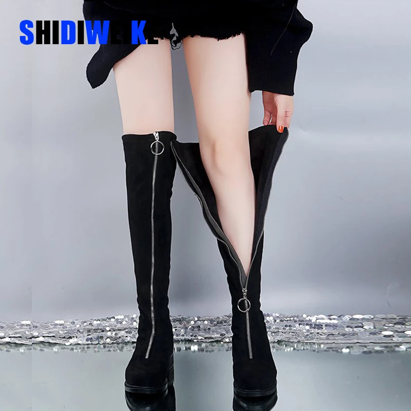 2020 г. Новые женские сапоги выше колена с кольцом и молнией спереди Осенняя