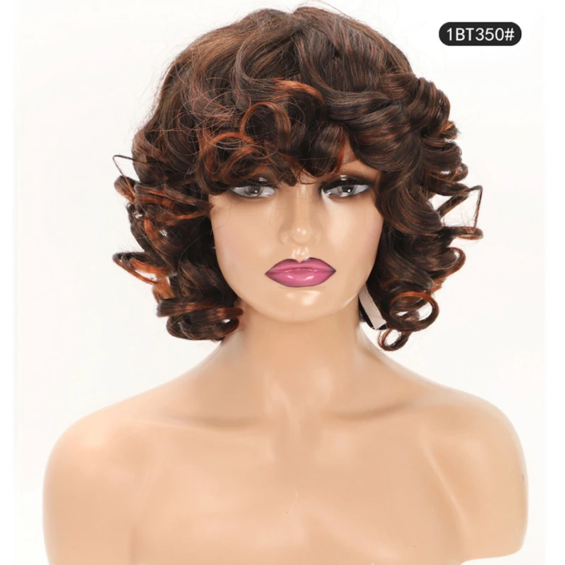 14inch Short Kinky Curly Bob Women's Wig Ombre Brown Deep Female African American Synthetic Afro Curls Cosplay Red | Шиньоны и