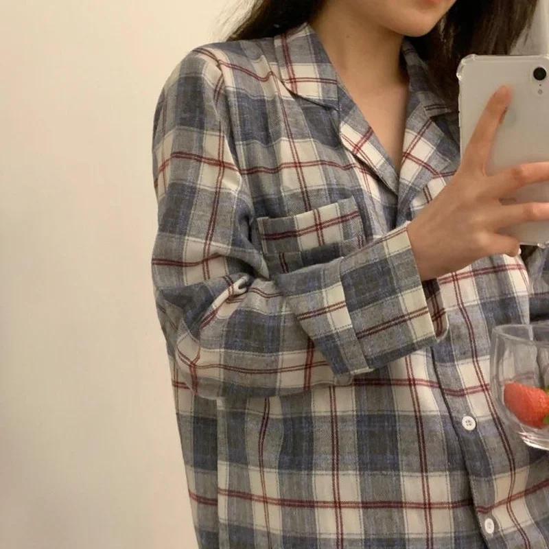 QWEEK Plaid Women's Pajamas Korean Style Sleepwear Set Woman 2 Pieces Winter Long Sleeve Top with Pants Suits Pijama Pyjamas