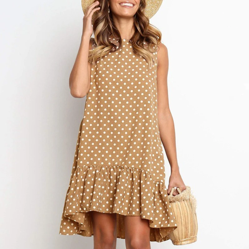 Женское свободное платье в горошек повседневное мини без рукавов синего цвета