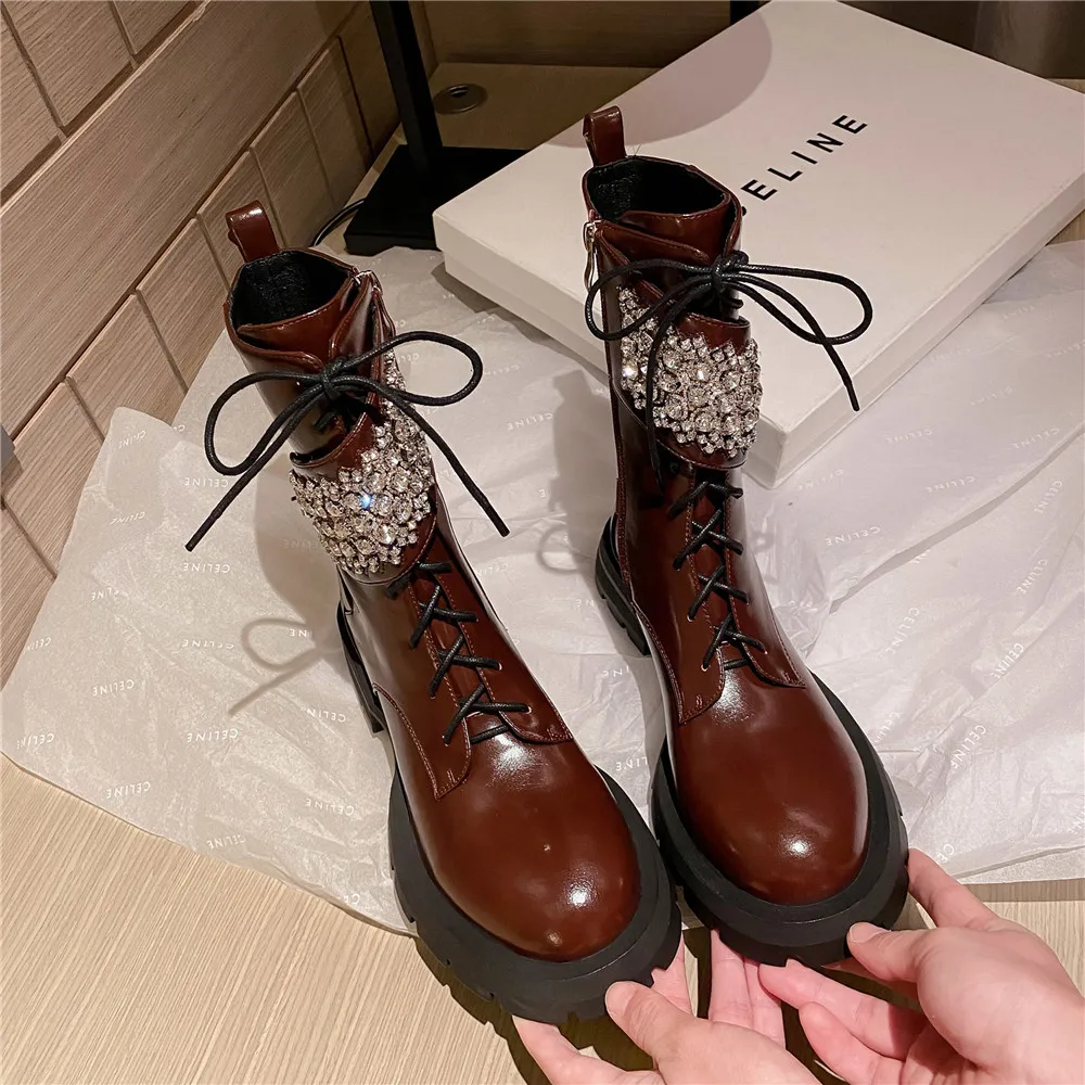 Harga Aucegi Sepatu Bot Pergelangan Kaki Gaya Inggris Kulit Sapi Hitam Wanita Kristal Mewah Ritsleting Tali Silang Sepatu Pesta Ujung Bulat