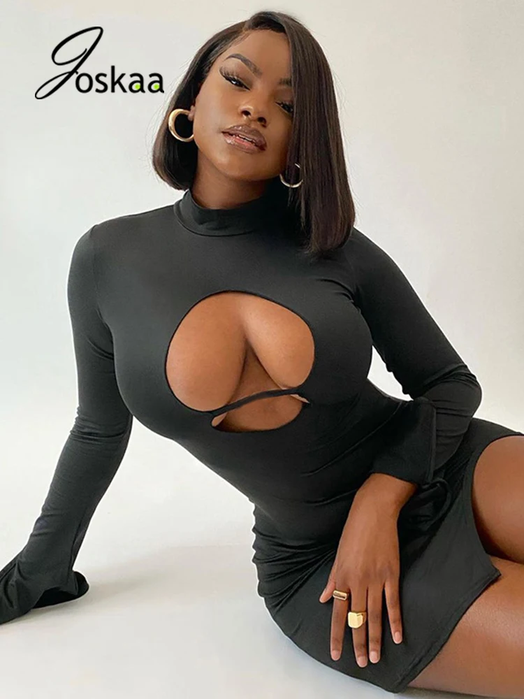 

Joskaa Black O Neck Long Sleeve Hollow Out Bodycon Dresses Women Sexy Split Party Mini Dress Fall 2021 Elegant Night Club Wear