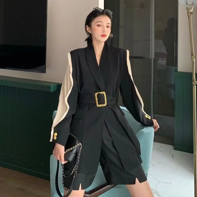 2019 Women Metal Gold Buckle With Belt Blazer Notched Fashion Split Black Hit Color Blazers Coat Ladies Office Loose Jacket | Женская