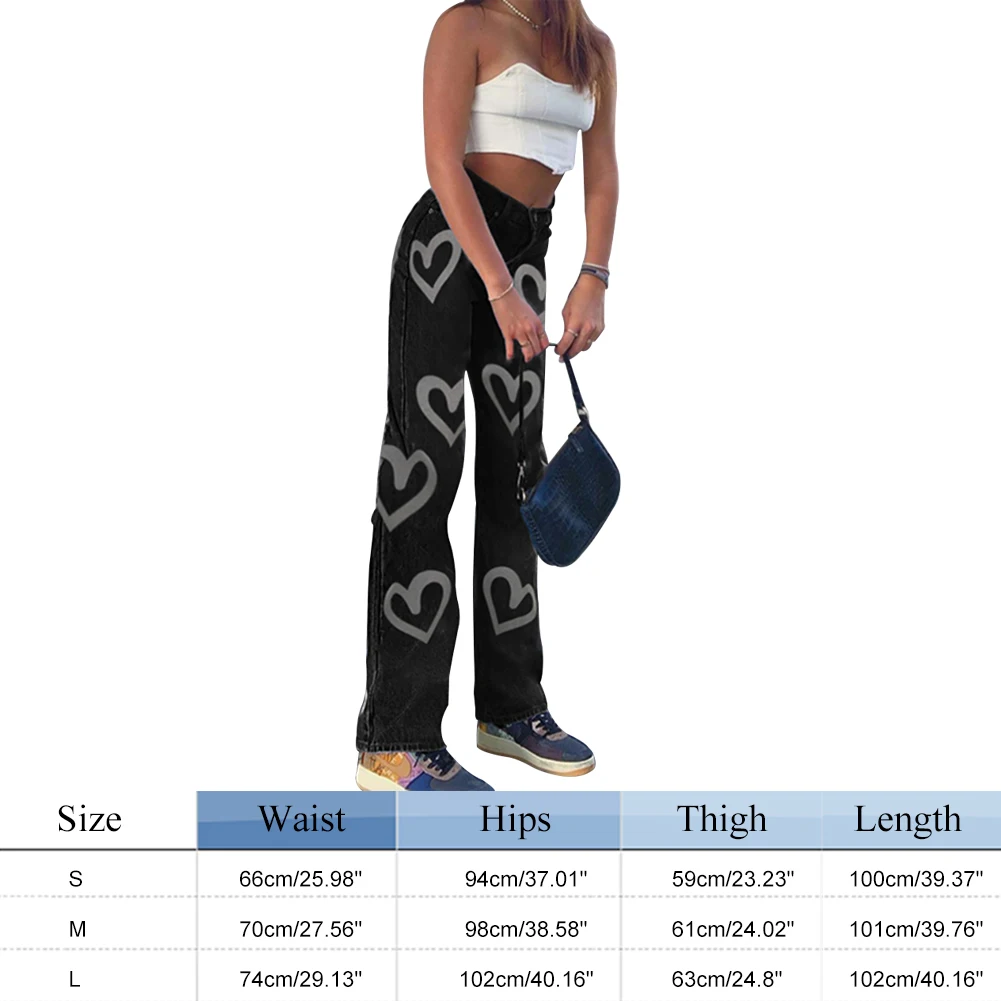 

Heart Print Y2K High Waist Jeans Women Casual Straight Long Trousers Vintage Fashion Denim Pants Capris Skinny 2021 dropshipping