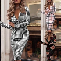 autumn and winter womens dresses houndstooth long sleeve v neck sexy dress