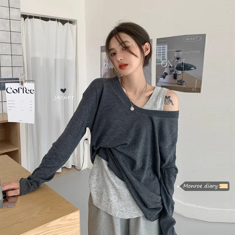 Ленивая футболка с длинным рукавом свитер открытыми плечами женский тонкий для