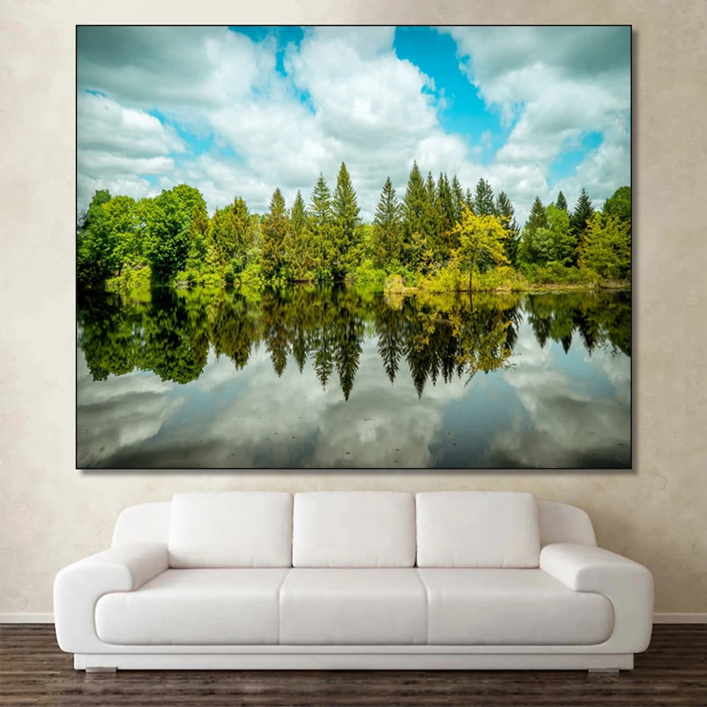 Laeacco холст живопись каллиграфия голубое небо дерево Пейзаж плакаты озеро и