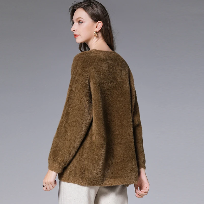 2019Winter Ladies loose pullover Sweater Raglan sleeves split end fake mink hair knitted sweaters casual tops plus size | Женская одежда