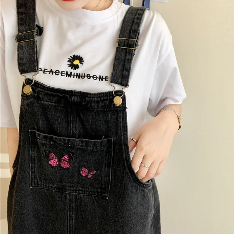

NEW Playsuits Women Denim Butterfly Embroidery Loose Korean Style Simple Chic Leisure Female Rompers Lady Trendy Overalls Popula