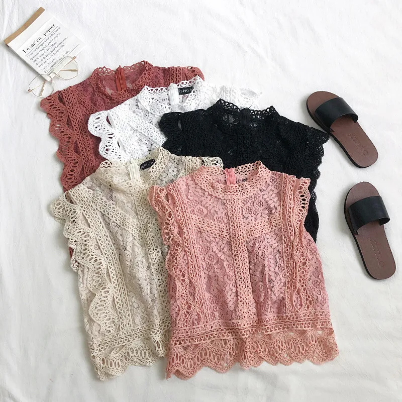 Женская кружевная майка с вырезами розовая повседневная без рукавов короткий