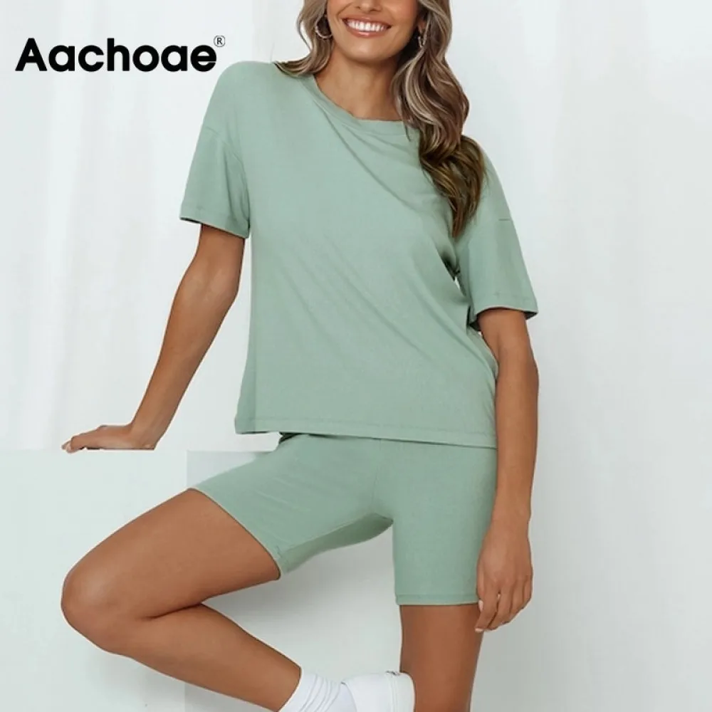 Комплект Aachoae женский из 2 предметов однотонная Повседневная Спортивная Футболка