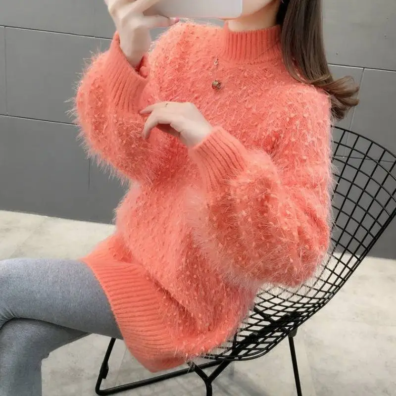 

2020 Autumn Womens Sweater Pullover Knit Long Sleeve Solid Color Top Female Winter Turtleneck Loose Lazy Plush Fleece Base Shirt