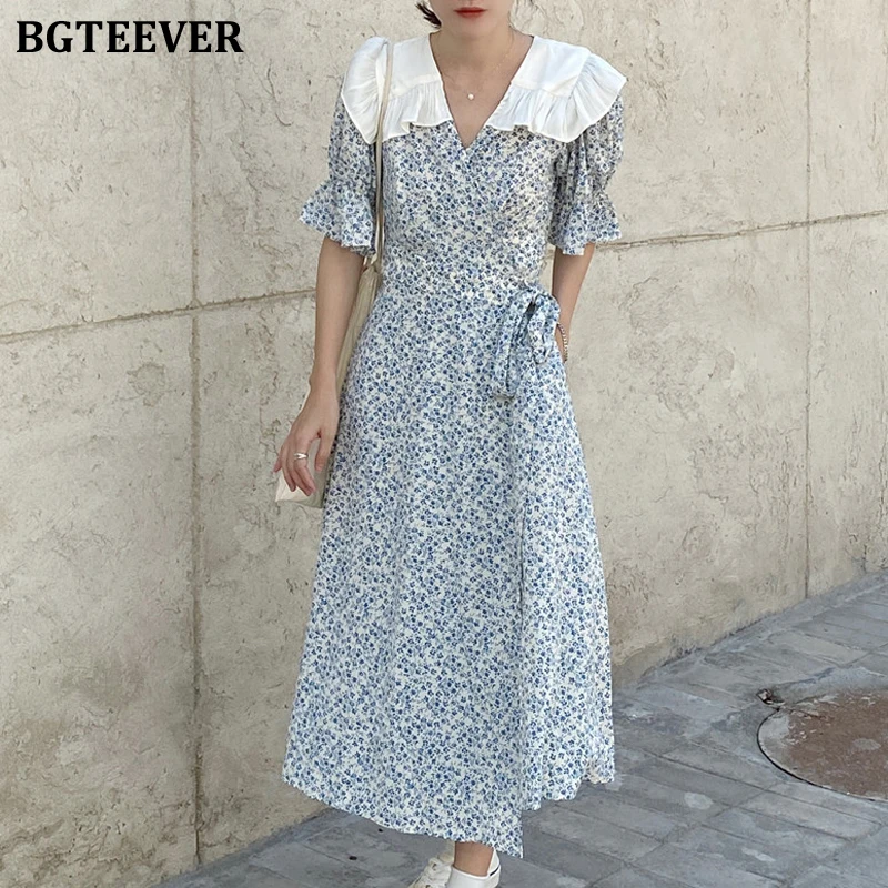 

BGTEEVER Vintage Lapel Patchwork Women Floral Dress Short Sleeve Slim Lace-up Female One Piece Dress 2021 Summer Vestidos Femme