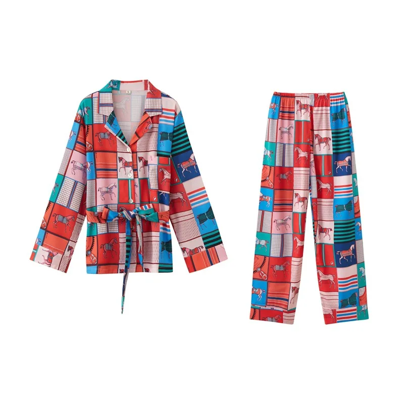 Женский пижамный комплект с длинными рукавами пижама из искусственного шелка