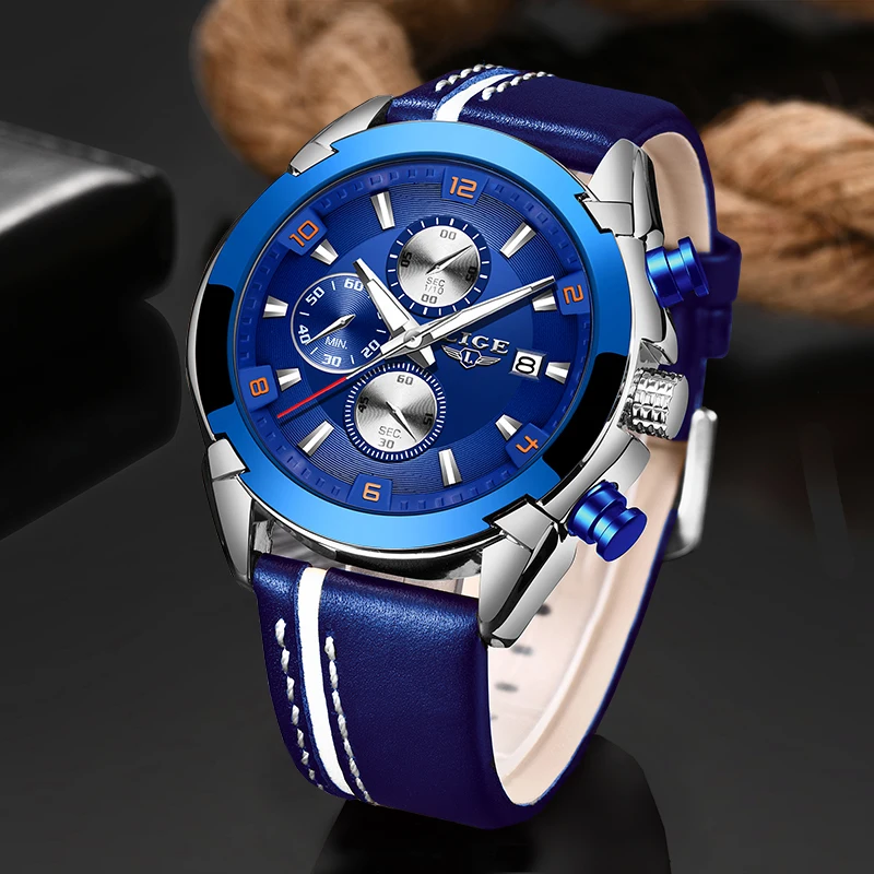 Часы наручные LIGE Мужские кварцевые с кожаным ремешком люксовые брендовые