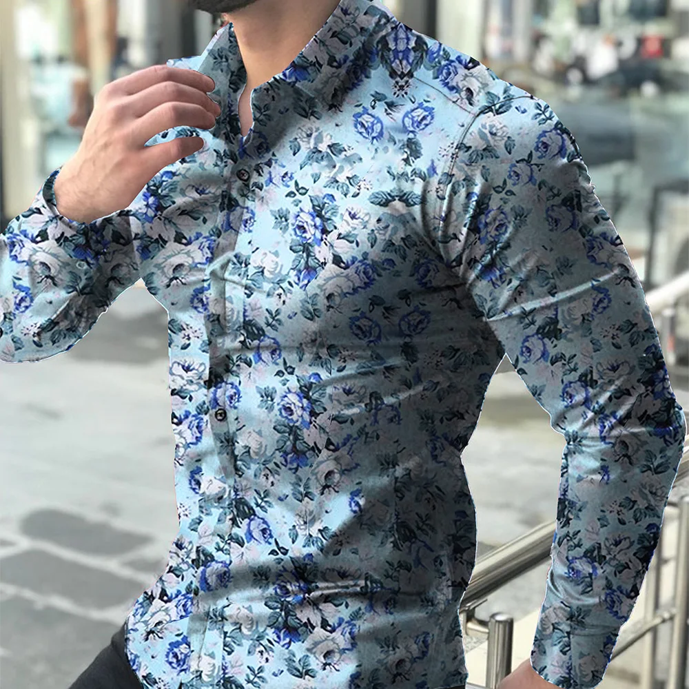 Мужская модная повседневная рубашка с длинными рукавами и принтом приталенная