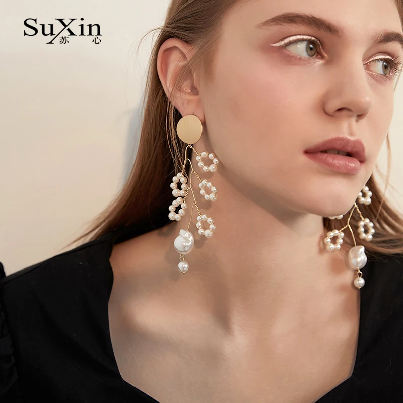 

SuXin earrings simple retro tassel branch shape earrings for women long section artificial pearl pendant earrings jewelry gift