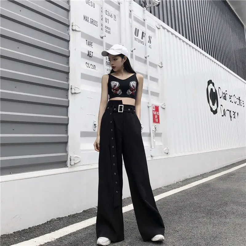 

2021 Spring Autumn New Korean Harajuku Style Classic Solid Color Trousers Loose and Thin Student Black Wide-leg Pants Y478