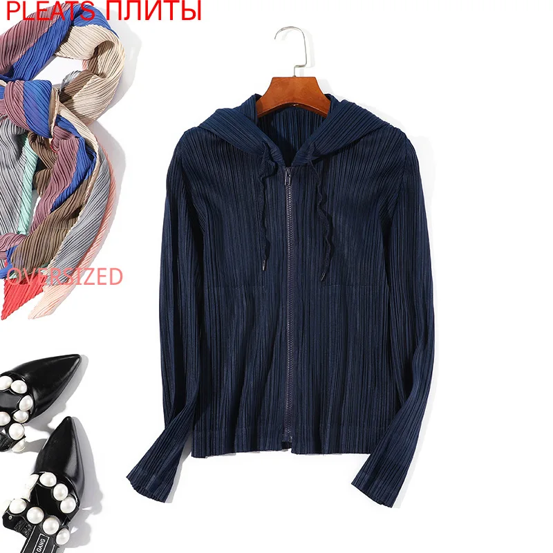 Spring and Summer New Miyake Fashion Pleated Suit Pants Long Sleeve Hooded Coat + Straight Pants Two Piece Set Trousers Suit