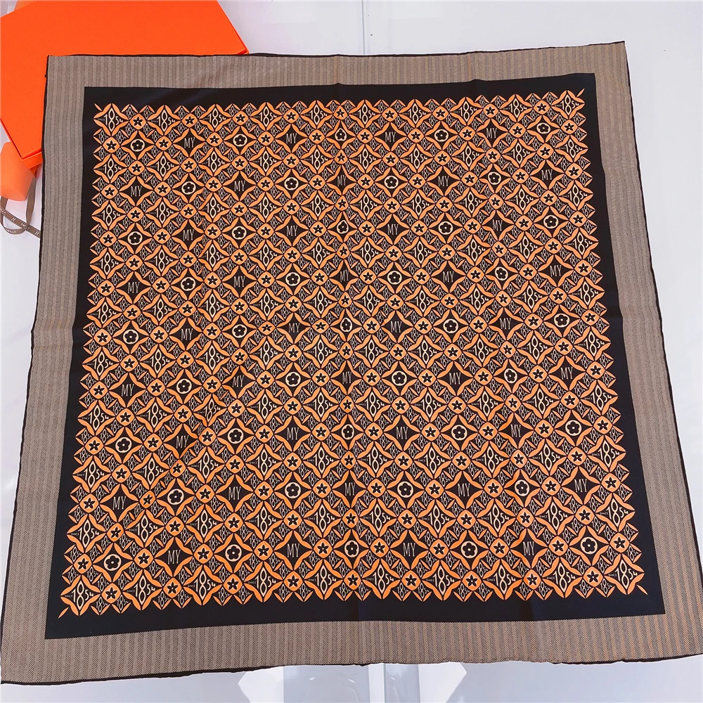 

90cm Foulard Print Brand Hijab Scarf Women Bandana Handmade Curled Twill Silk Square Scarf Luxury Foulard Silk Twill Scarf