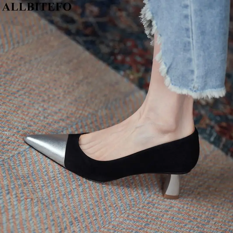 

ALLBITEFO size 33-42 stiletto mixed colors silver heel genuine leather women heels shoes fashion sexy high heel shoes high heels
