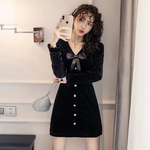 TingYiLi Black Velvet Dress Autumn Winter Long Sleeve Elegant Ladies Dresses Vintage V-neck Short Party | Женская одежда
