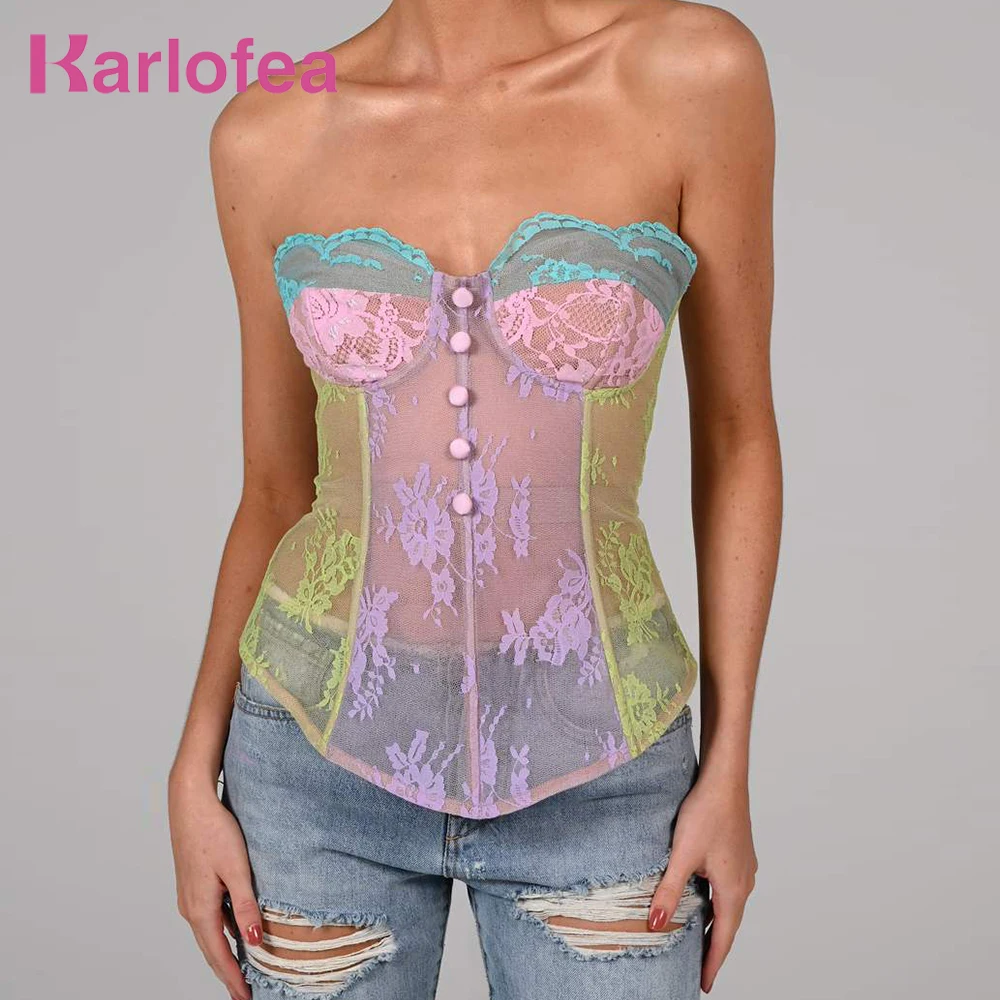 Karlofe New Patchwork Color Vest Underwired Padded Bustier Tube Tanks Lady Sleeveless Sexy See Through Sheer Lace Corset Tops