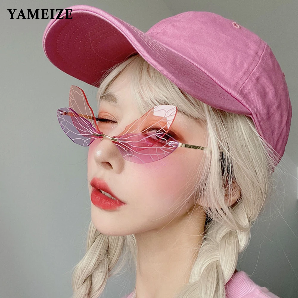 

Женские солнцезащитные очки без оправы YAMEIZE, уникальные солнцезащитные очки «кошачий глаз» со стрекозой, очки в стиле стимпанк с прозрачным...