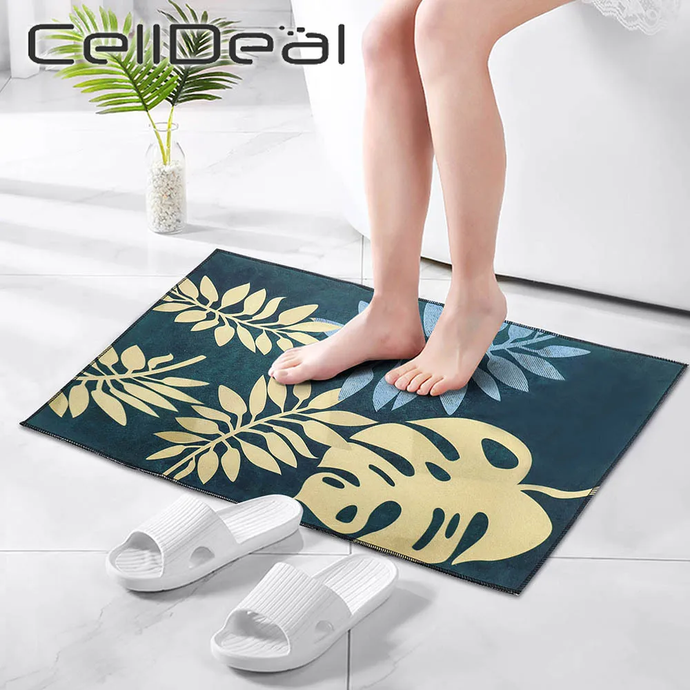 

Anti Slip Bathroom Mat Tropical Leaf Pattern Bathtub Side Carpet Absorbent Entrance Doormat Soft Crystal Velvet Home Décor