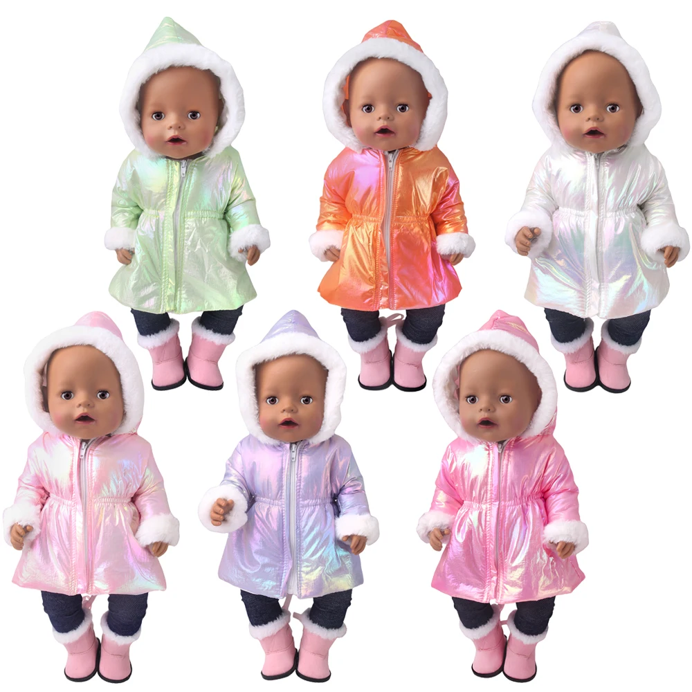 

2021 New Baby New Born Fit 18 inch 43cm Doll Clothes Accessories Sequined White Plush Down Jacket Clothes For Baby Birthday Gift