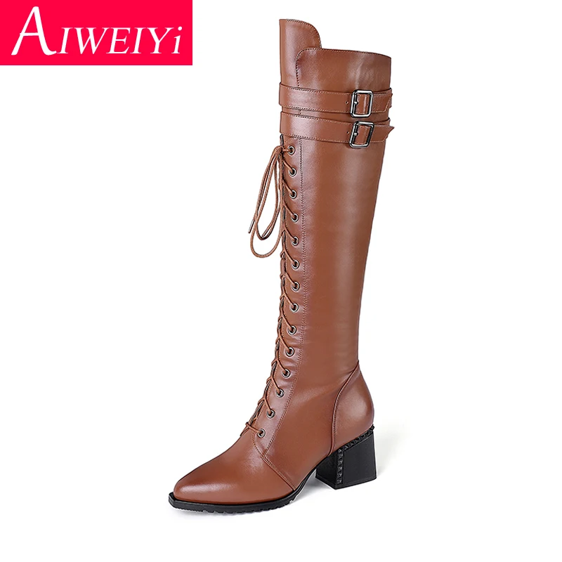 Теплые сапоги до колена для женщин из натуральной кожи зимние меховые на